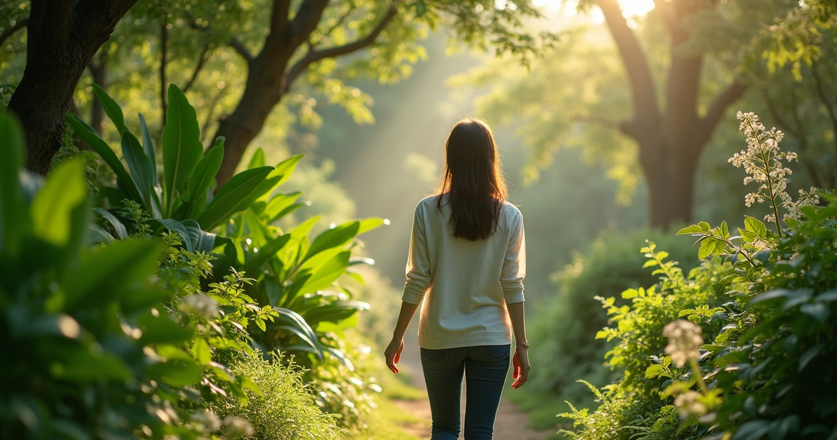 Pessoa caminhando em jardim com plantas, observando o ambiente em silêncio 