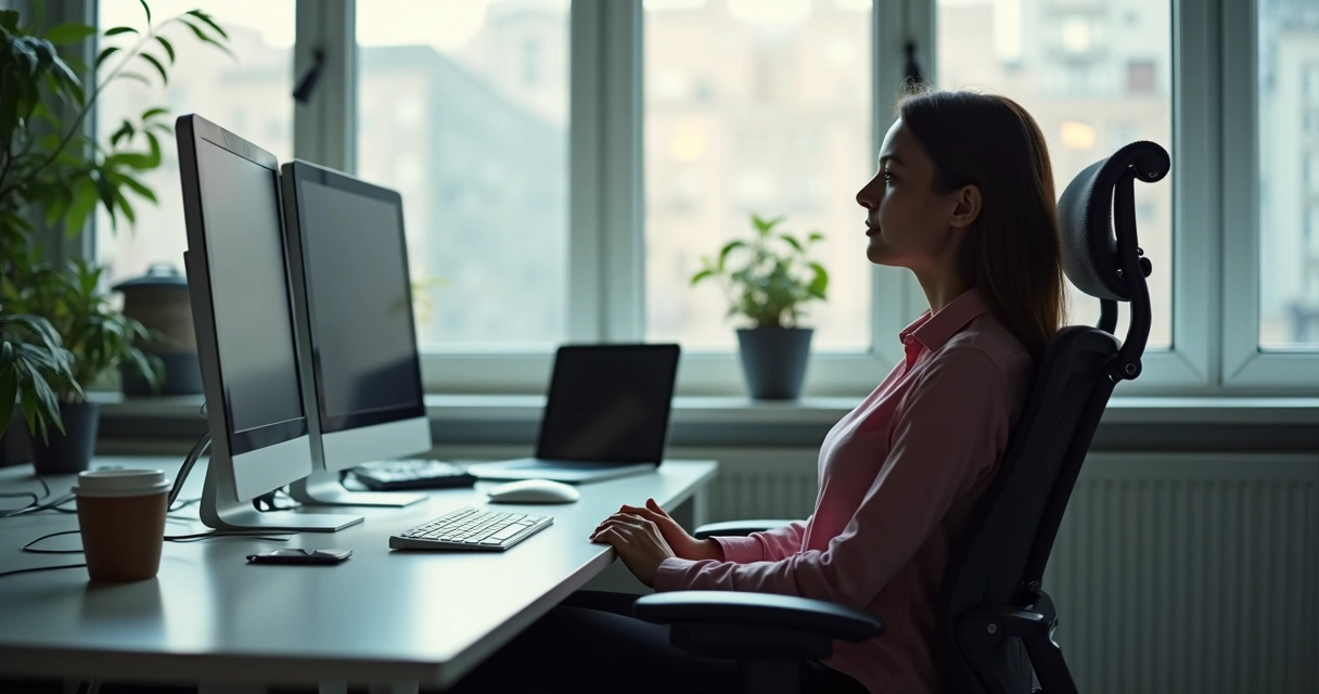 Profissional sentado em cadeira de escritório, olhos fixos à frente, em pausa silenciosa 