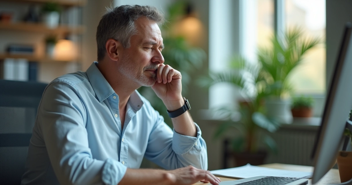 Pausa consciente de líder en oficina con respiración profunda 