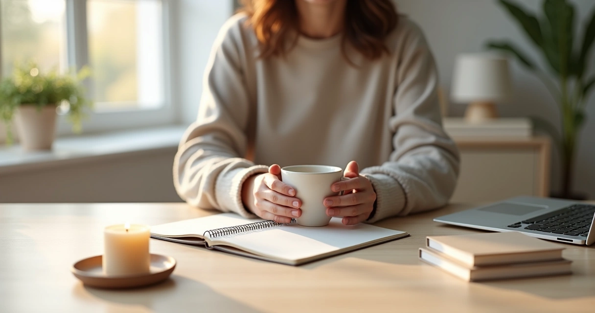 Person practicing small calming rituals at a minimalist desk for mental clarity 