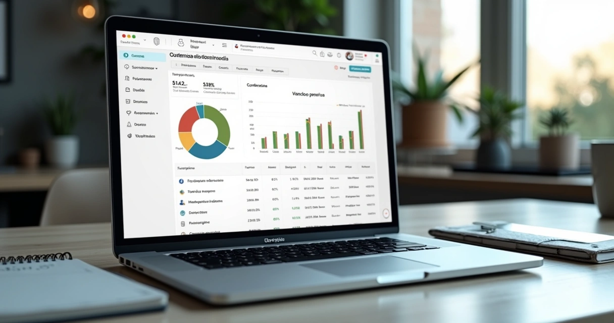 Dashboard de micro-SaaS em notebook com celular e caderno ao lado 