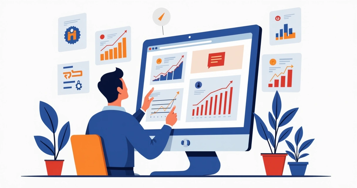 Ilustração corporativa flat com empreendedor gerenciando múltiplos projetos digitais em telas de computador, gráficos de crescimento, ícones de automação, marketplace e comunidade 