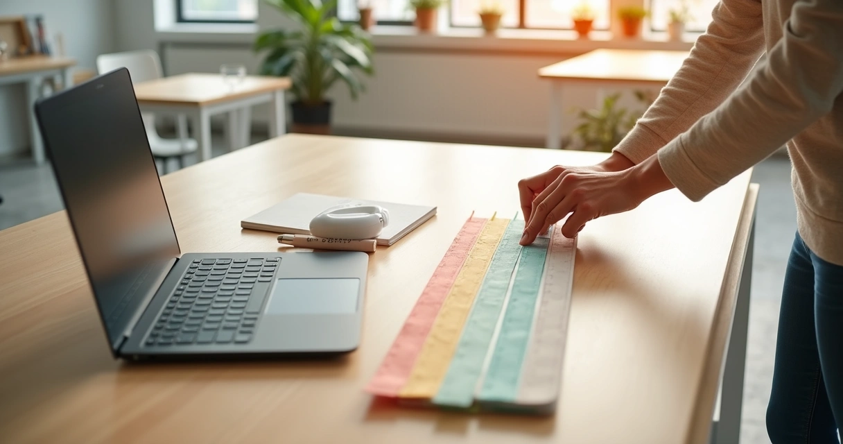 Overhead view of office worker marking small colored strips along desk edge 