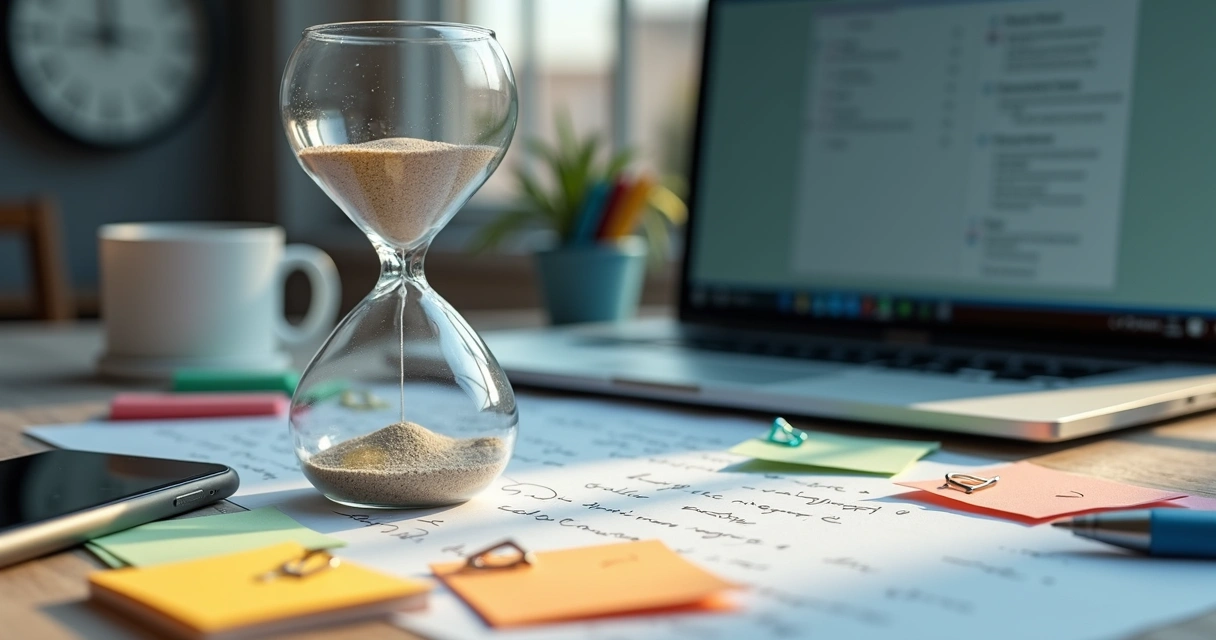 Escritorio con reloj de arena y pequeñas acciones dispersas simbolizando microprocrastinación 