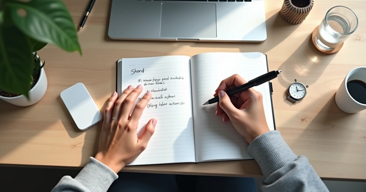 Profissional anotando pequenas ações em caderno apoiado no teclado do notebook 