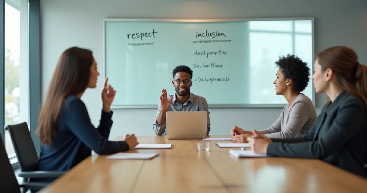 Coworker calmly setting a boundary in a modern office meeting room 