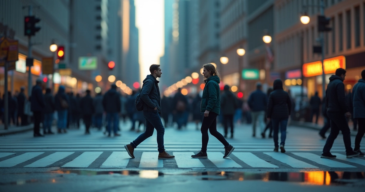 Crowded crosswalk with faint colored silhouettes showing shared emotional field 