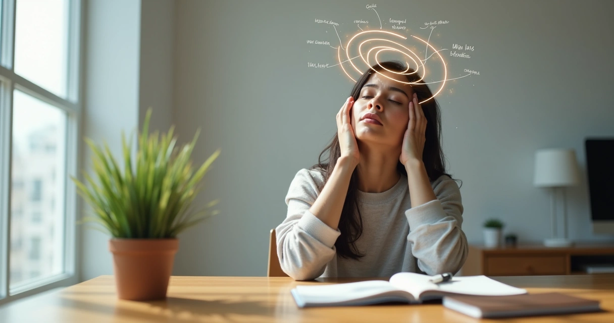 Persona rodeada por un laberinto mental de pequeñas frases críticas 