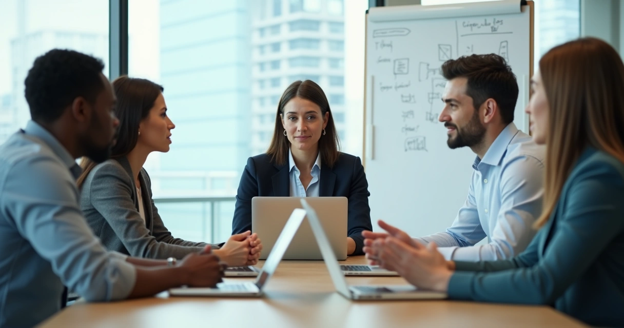 Reunión de trabajo donde una mujer se ve incómoda ante comentarios sutiles de sus compañeros 