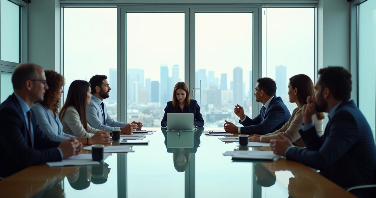Equipe em reunião com foco em uma profissional isolada mostrando clima tenso no escritório 