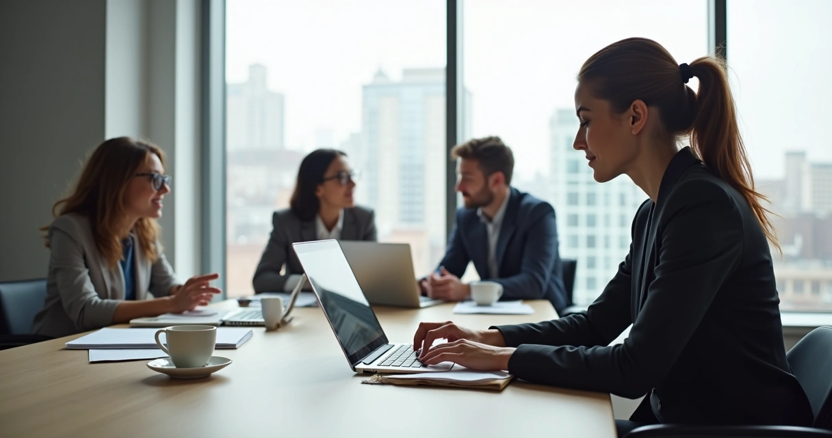 Reunião de trabalho com mulher isolada enquanto colegas conversam entre si 