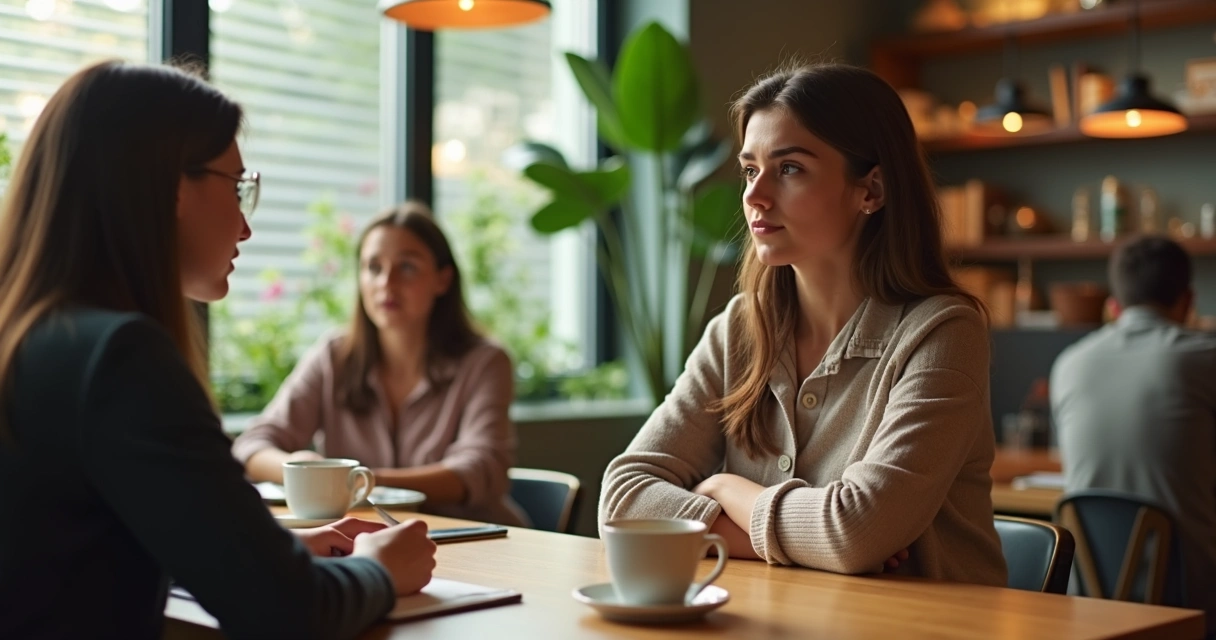 Pessoa percebendo tensão sutil em conversa informal em café 