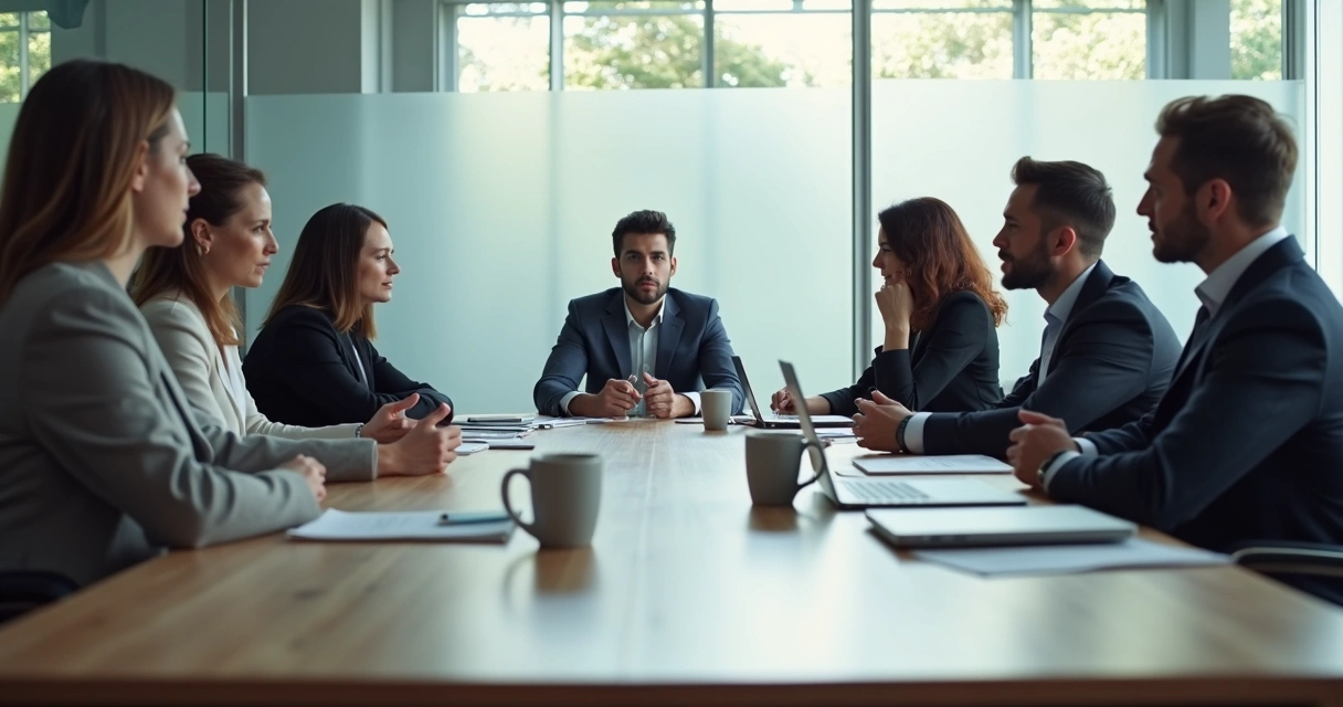 Equipe em reunião com uma pessoa isolada e clima de tensão sutil 