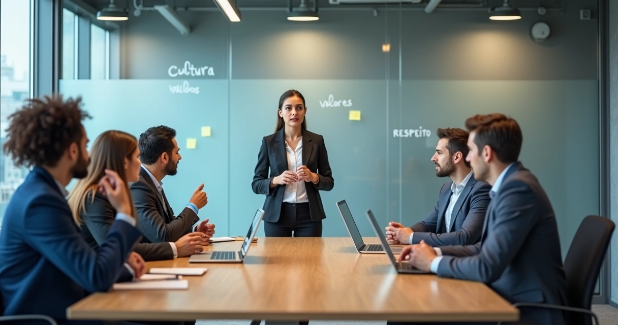 Equipe em reunião com foco em colega isolado ao fundo 