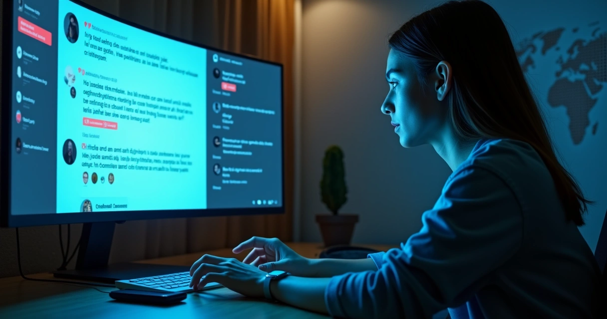 Pessoa olhando tela cheia de comentários digitais com ícones de reações e expressões tensas 