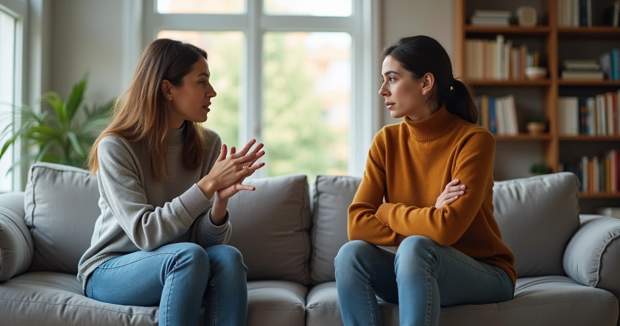 Duas pessoas conversando em um sofá com expressão tensa e postura defensiva 
