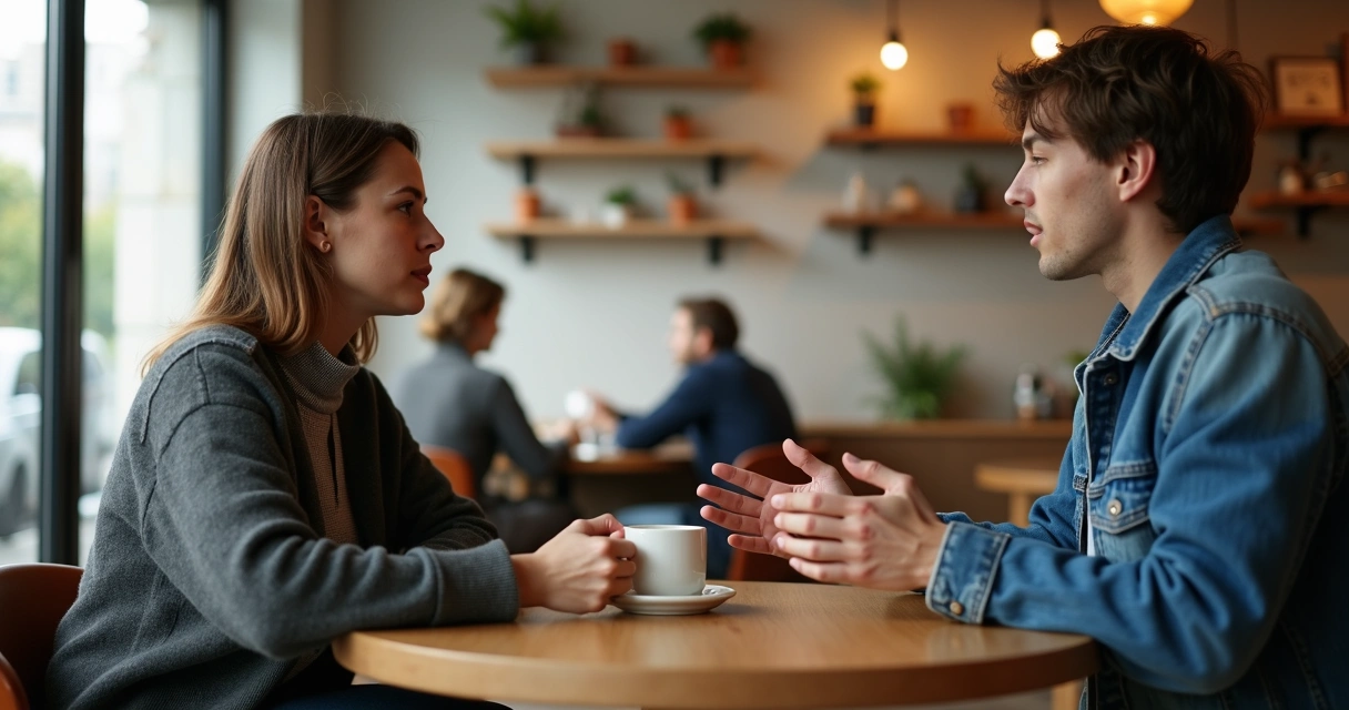 Duas pessoas em cafeteria demonstrando tensão sutil em conversa 