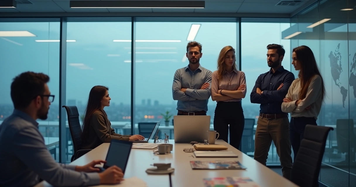 Equipe global em escritório com funcionário isolado ao lado de grupo em conversa confusa 
