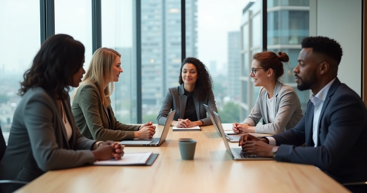 Grupo em reunião com tensão sutil entre participante isolado e demais colegas 