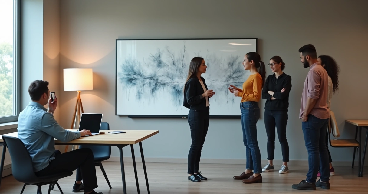 Pessoa isolada ao lado de grupo conversando em escritório 