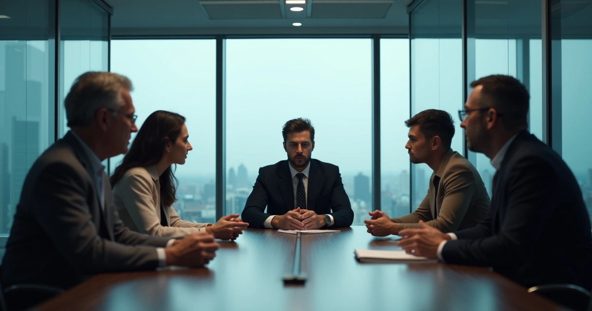 Trabalhadores reunidos em sala de reunião, uma pessoa visivelmente desconfortável observada por outros colegas 