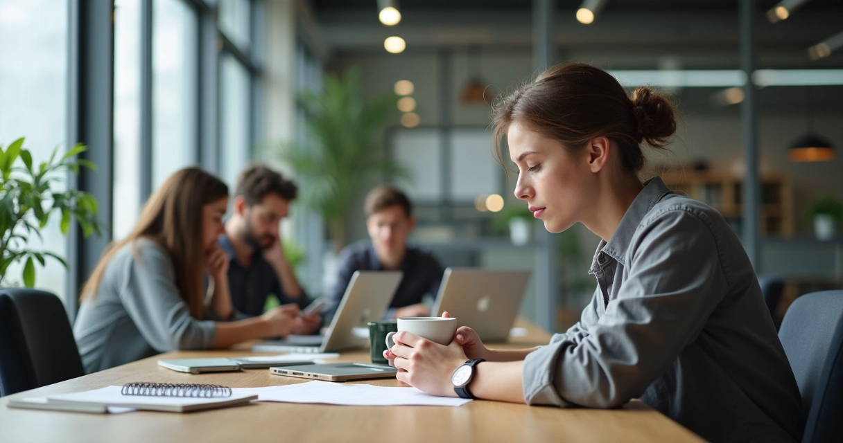Pessoa em ambiente de trabalho cercada por pequenos gestos hostis e isolada emocionalmente 