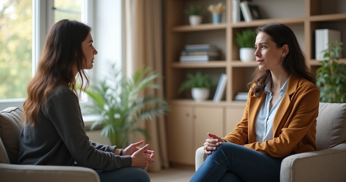 Duas pessoas conversando em consulta terapêutica, uma delas com expressão desconfortável 