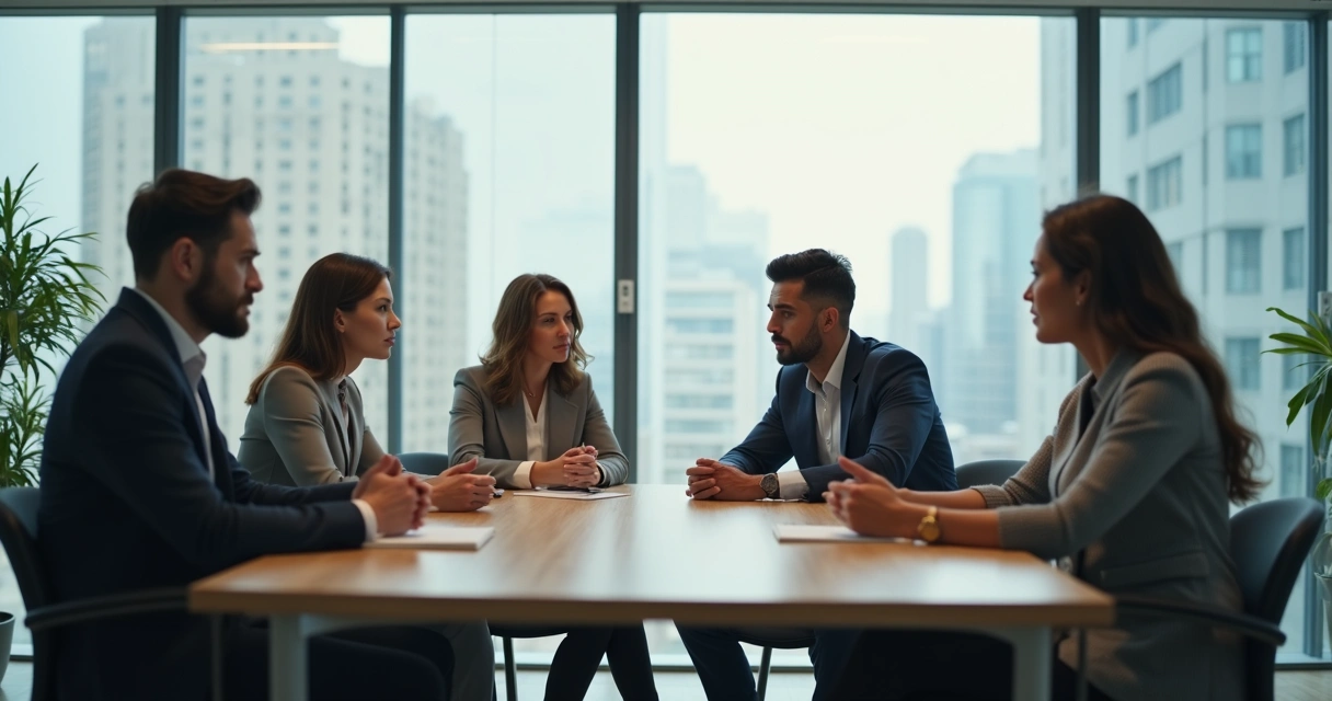 Equipe em reunião com uma pessoa isolada e linhas sutis conectando todos 