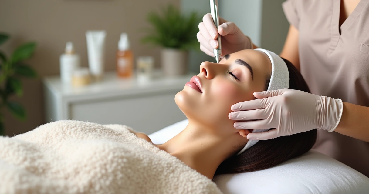 Profissional aplica microagulhamento em paciente em maca de clínica estética moderna 