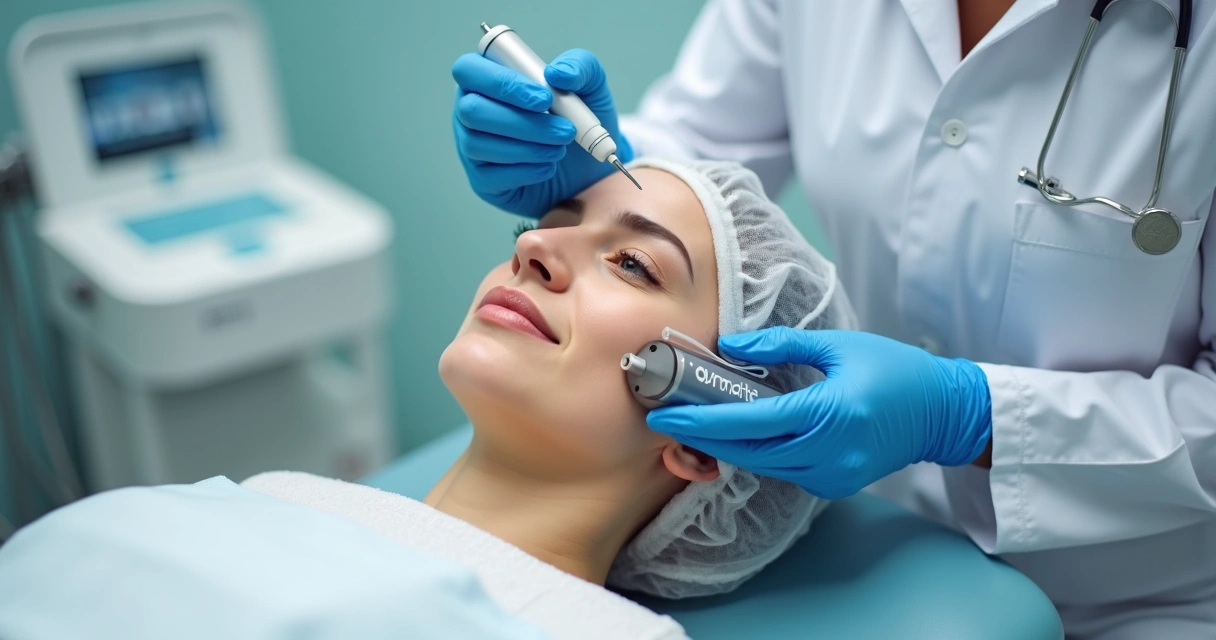 Microagulhamento: benefícios, indicações e cuidados essenciais 1 Profissional aplicando microagulhamento facial em paciente com touca cirúrgica