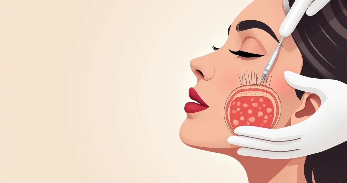 Ilustração de rosto feminino recebendo microagulhamento com detalhamento de camadas da pele. 