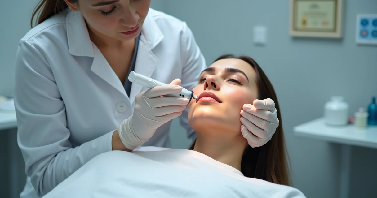 Profissional aplicando microagulhamento no rosto de uma mulher em ambiente de clínica 