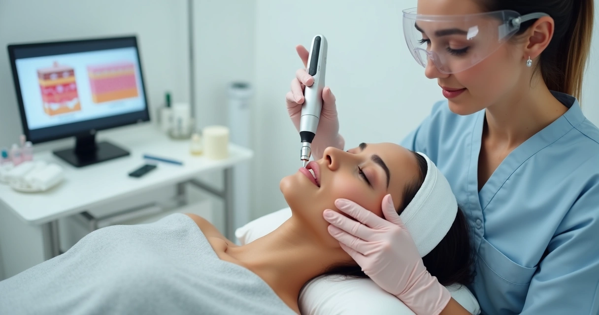 Paciente recebendo microagulhamento facial em clínica estética moderna 