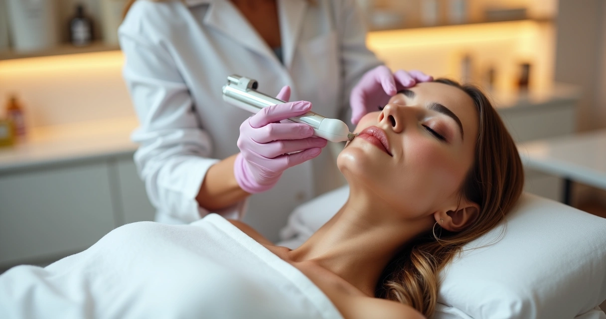 Mulher de pele madura recebendo microagulhamento suave no rosto em clínica de estética moderna 