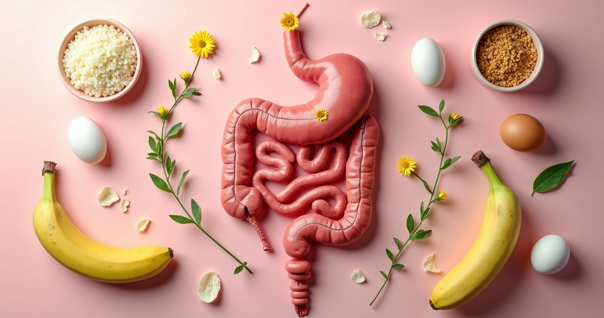 Intestino humano estilizado com flores e alimentos baixos em FODMAPs à volta 