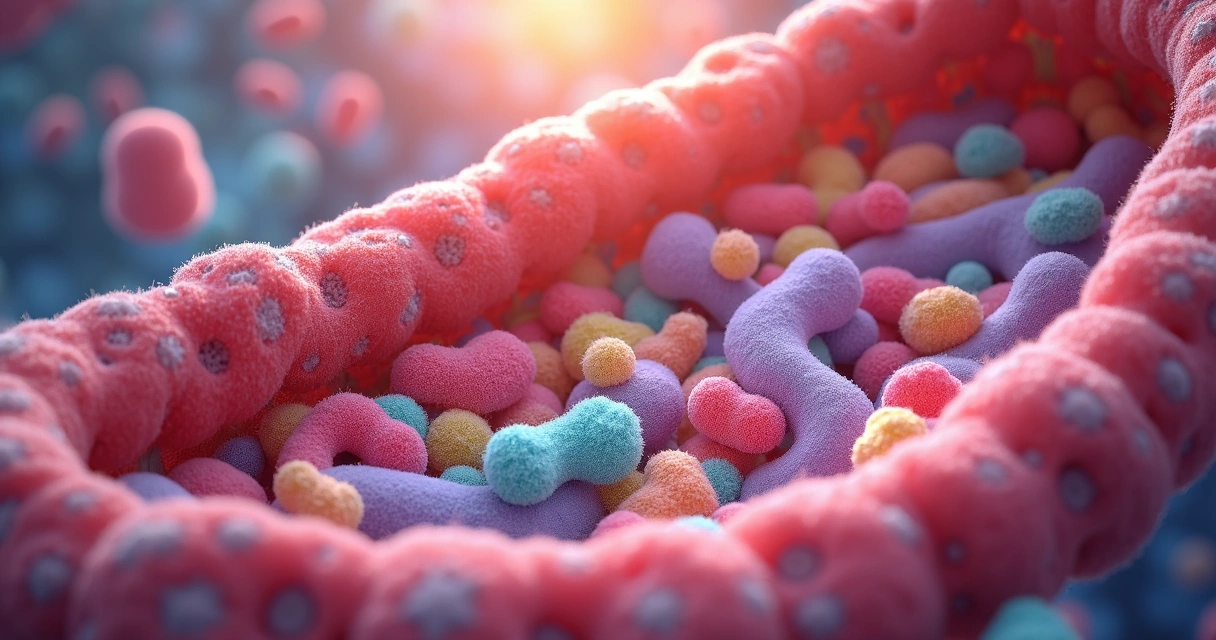 Representação artística da microbiota intestinal com células imunes 
