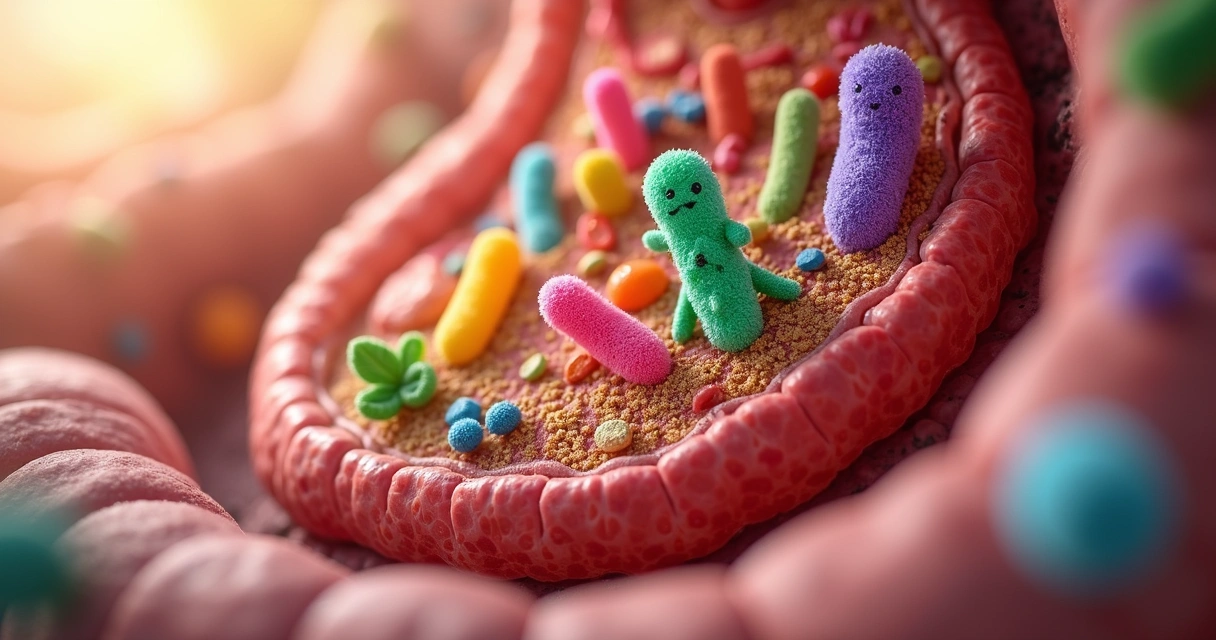 Representação artística da microbiota intestinal equilibrada com bactérias benéficas coloridas e ícones de alimentação saudável 