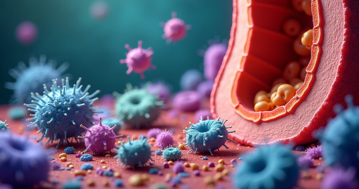 Ilustração colorida da microbiota intestinal vista de perto