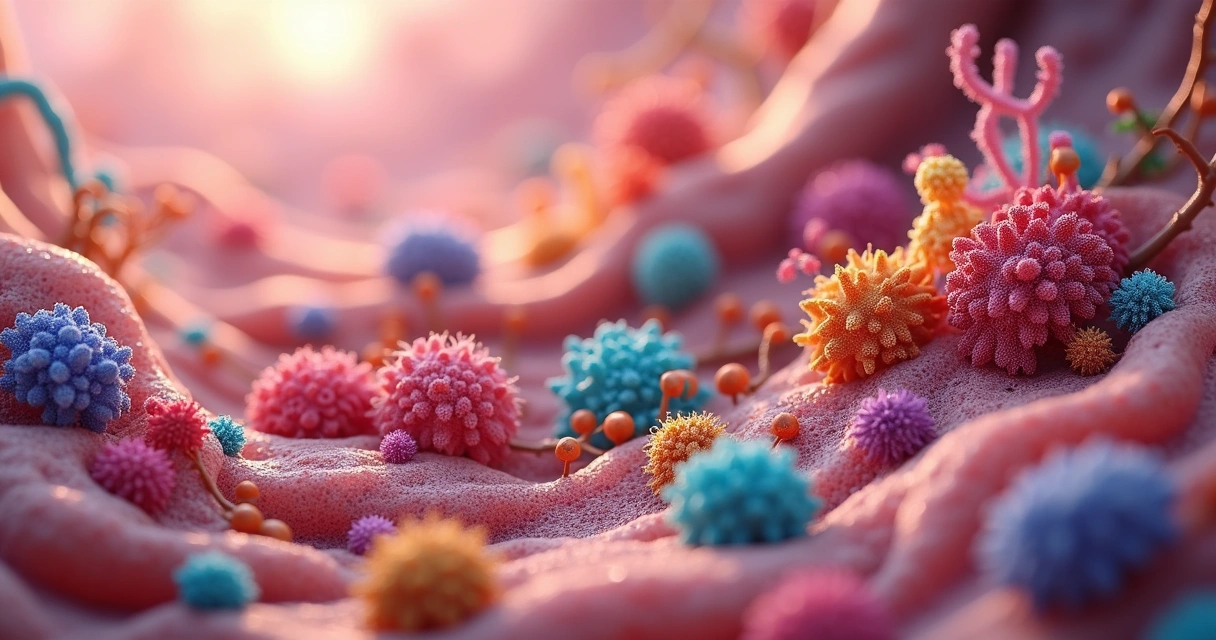 Representação artística da microbiota intestinal em cores vibrantes 