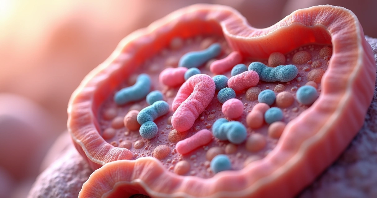 Microrganismos da microbiota intestinal vistos em ilustração detalhada 