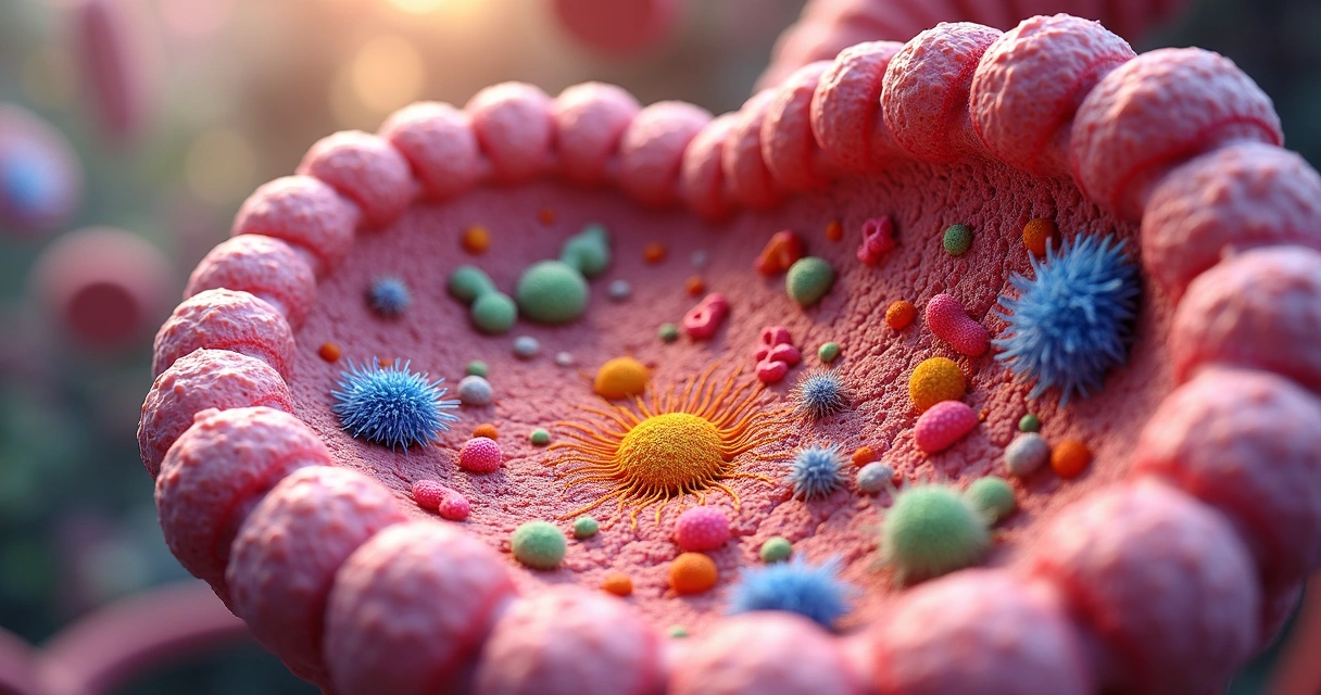 Esquema ilustrativo da microbiota intestinal e células intestinais 