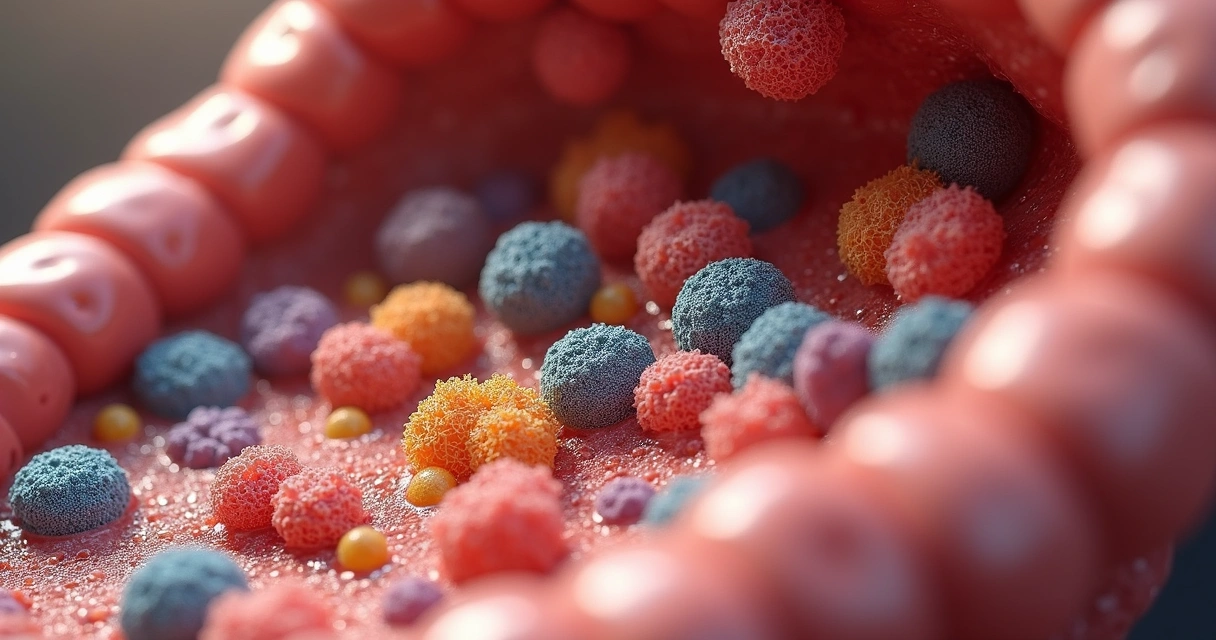 Bactérias coloridas vistas microscopicamente no intestino humano 