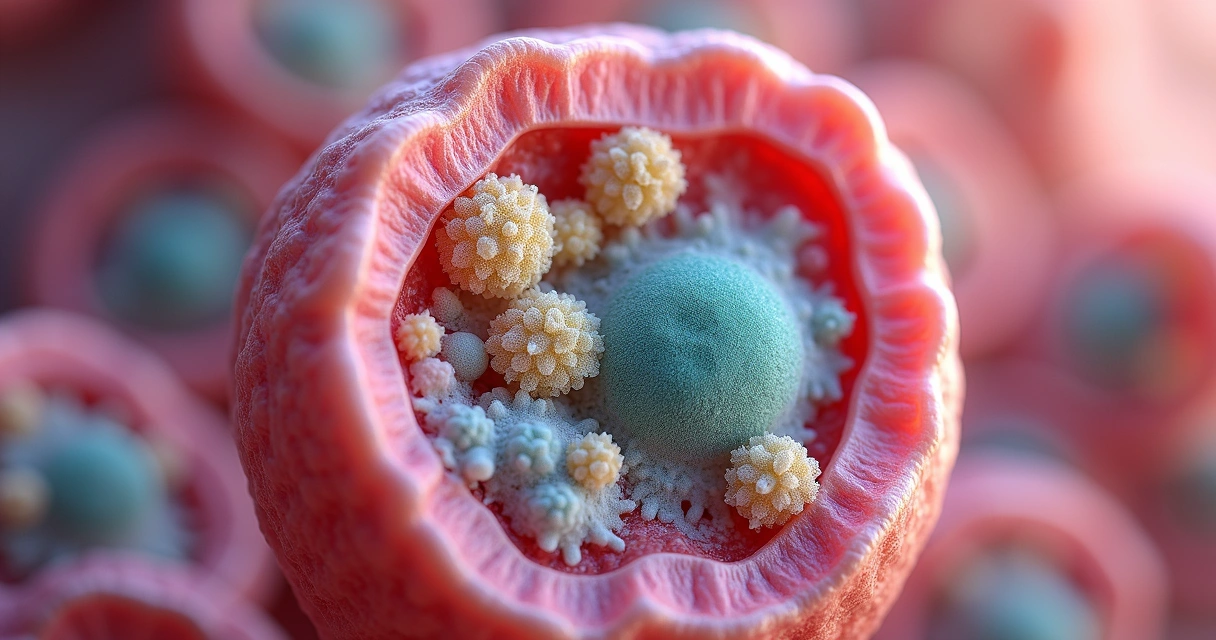 Microscópio mostrando fungos e bactérias no intestino delgado 