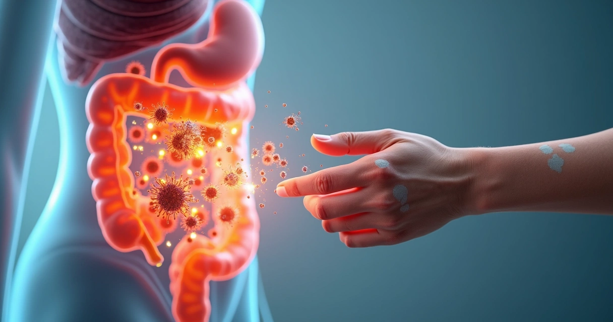 Representação do eixo intestino-pele relacionando microbiota intestinal e vitiligo 