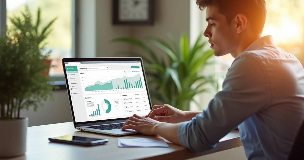 Microbusiness owner reviewing accounting software dashboard on laptop 