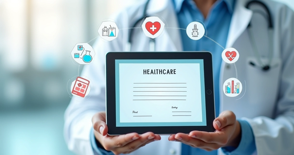 Certificado digital de saúde com ícones médicos e laboratório. 