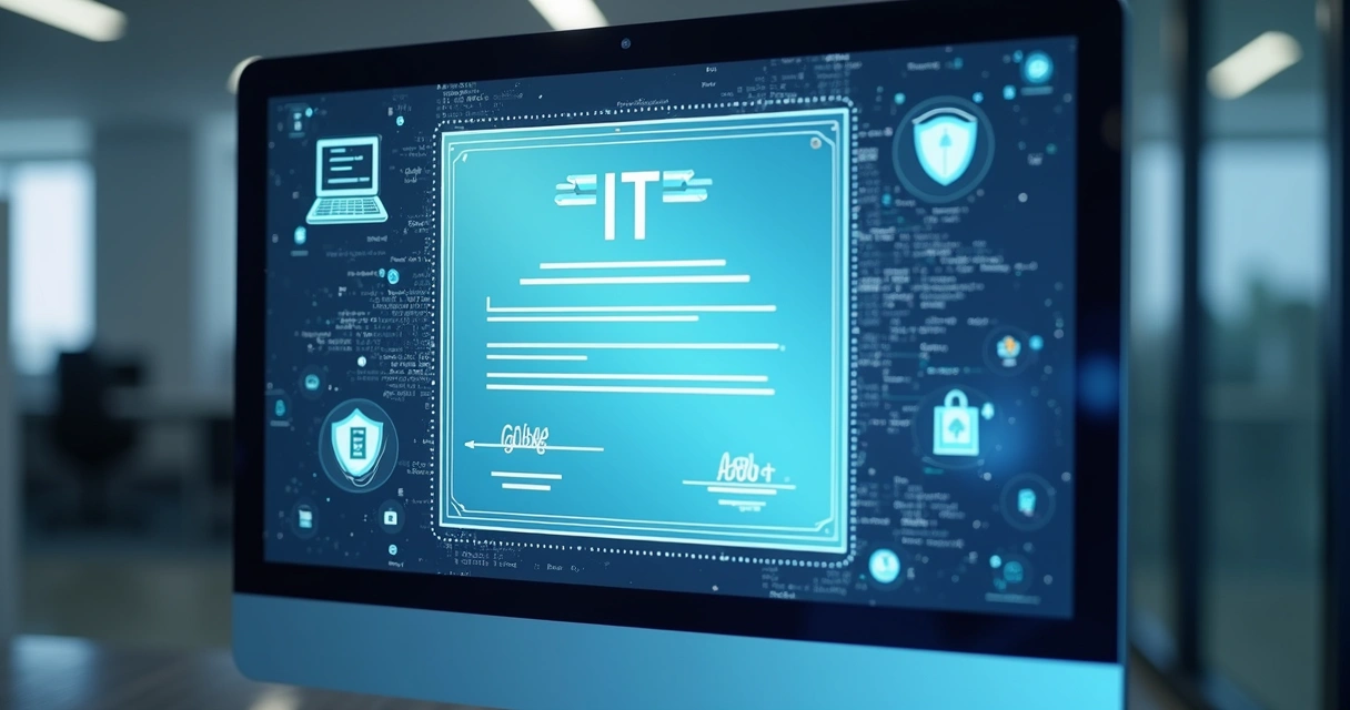 Certificado digital ilustrando programação e cybersegurança. 