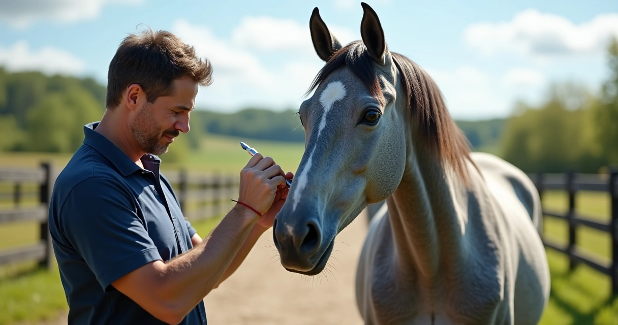 Veterinário aplicando microchip em cavalo cinza em ambiente rural 