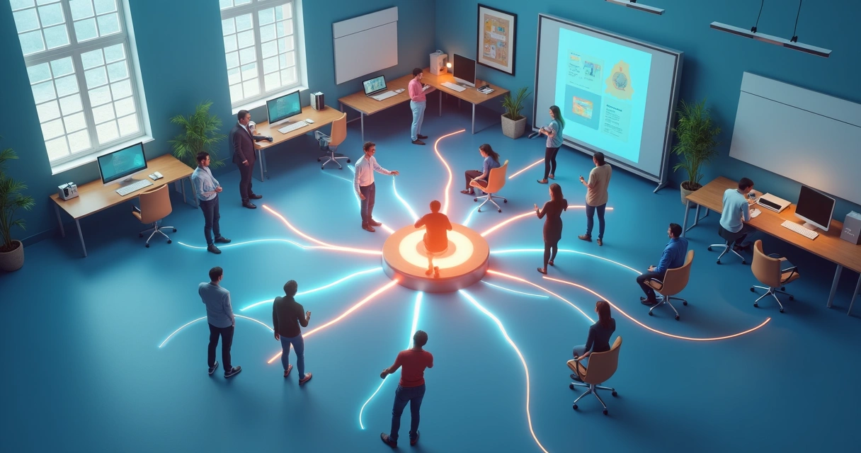Visualization of small choices branching in an office environment, each branch leading to different interactions 