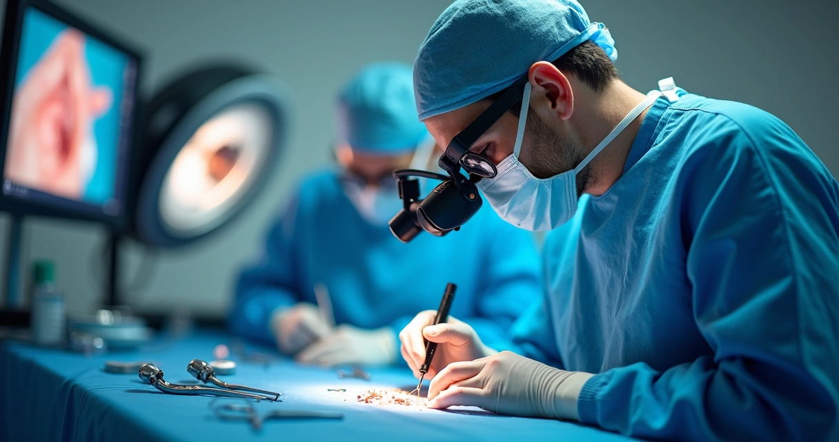 Cirurgião usando lupa binocular de alta precisão durante microcirurgia em ambiente clínico 